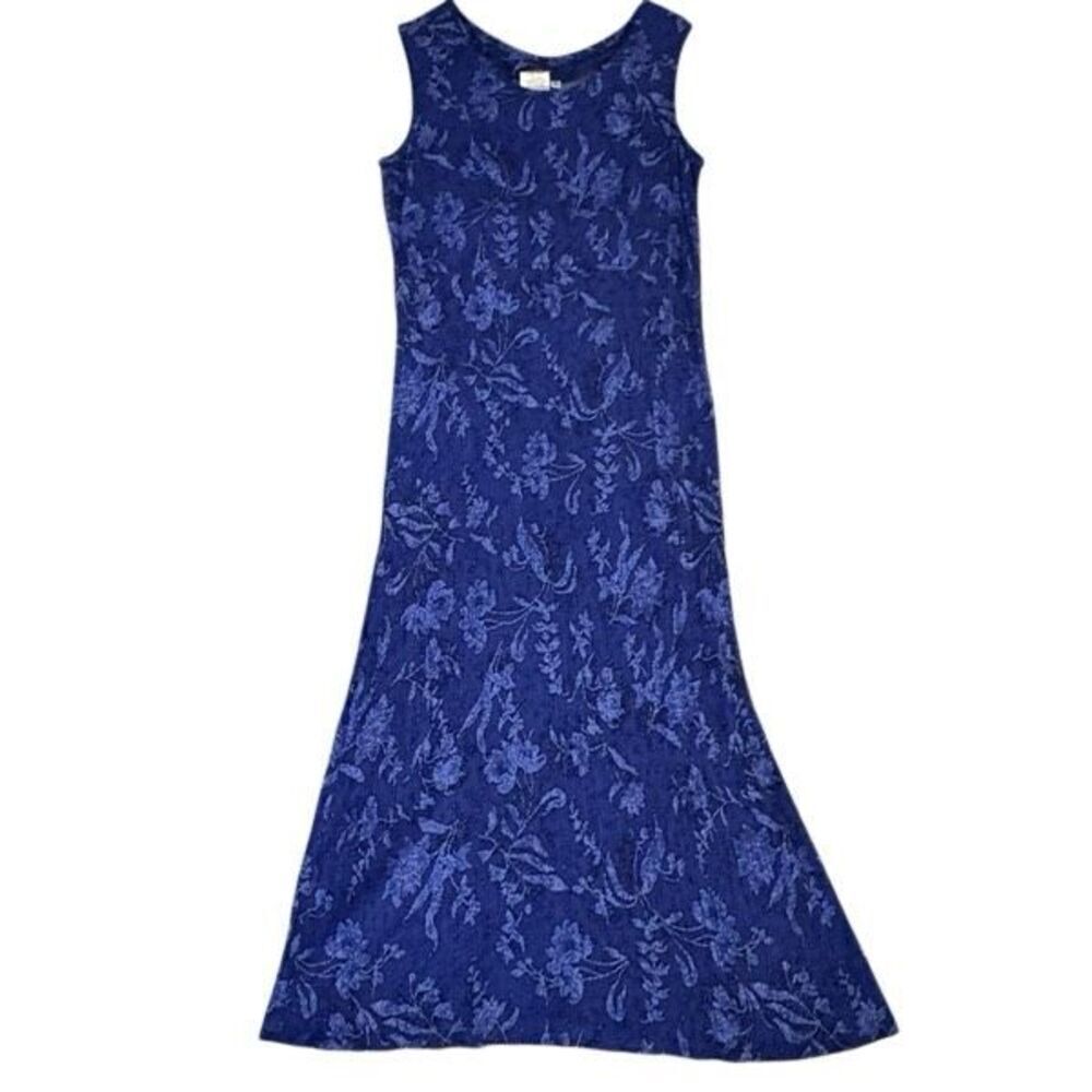 Vintage Rayon Blue Floral Sleeveless Maxi Dress 16